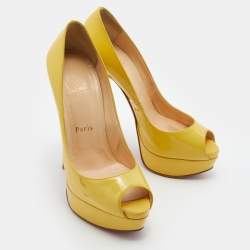 Pre Owned Christian Louboutin Yellow Patent Leather Lady Peep Platform Pumps Size 37