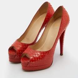 Christian Louboutin Orange Python Leather Altadama Peep Toe Platform Pumps Size 37