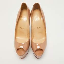 Pre Owned Christian Louboutin Beige Patent Leather Jamie Platform Pumps Size 38.5