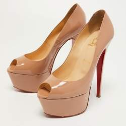 Pre Owned Christian Louboutin Beige Patent Leather Jamie Platform Pumps Size 38.5
