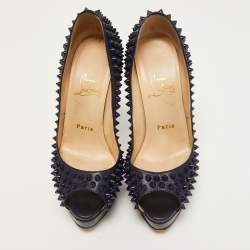 Pre Owned Christian Louboutin Navy Blue Leather Lady Peep Spikes Pumps Size 36