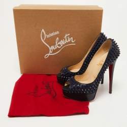 Pre Owned Christian Louboutin Navy Blue Leather Lady Peep Spikes Pumps Size 36