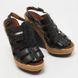 Pre Owned Christian Louboutin Black Leather Barcelona Wedge Sandals Size 36
