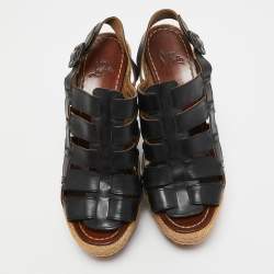 Pre Owned Christian Louboutin Black Leather Barcelona Wedge Sandals Size 36