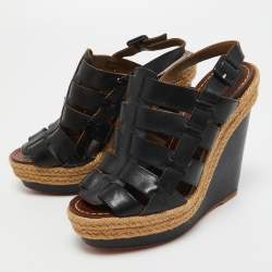 Pre Owned Christian Louboutin Black Leather Barcelona Wedge Sandals Size 36