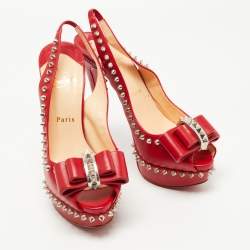 Pre Owned Christian Louboutin Red Leather Lady Clou Slingback Pumps Size 38.5