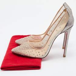 Pre Owned Christian Louboutin Beige/Silver Mesh and Leather Follies Strass Pumps Size 39.5