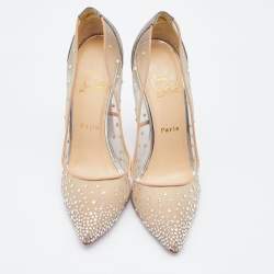 Pre Owned Christian Louboutin Beige/Silver Mesh and Leather Follies Strass Pumps Size 39.5
