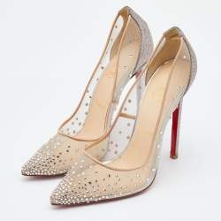 Pre Owned Christian Louboutin Beige/Silver Mesh and Leather Follies Strass Pumps Size 39.5