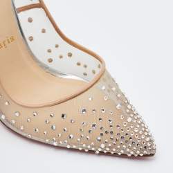 Pre Owned Christian Louboutin Beige/Silver Mesh and Leather Follies Strass Pumps Size 39.5