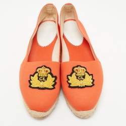 Christian Louboutin Orange Canvas Gala Embroidered Crest Espadrille Loafers Size 38