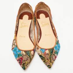 Christian Louboutin Multicolor Embroidered Mesh and Croc Embossed Leather Follies Ballet Flats Size 36.5