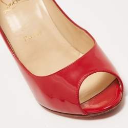 Pre Owned Christian Louboutin Red Patent Leather Flo Peep Toe Pumps Size 38