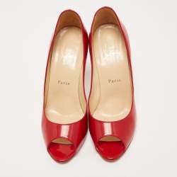 Pre Owned Christian Louboutin Red Patent Leather Flo Peep Toe Pumps Size 38