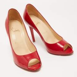 Pre Owned Christian Louboutin Red Patent Leather Flo Peep Toe Pumps Size 38