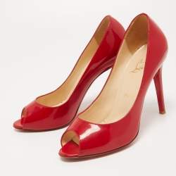 Pre Owned Christian Louboutin Red Patent Leather Flo Peep Toe Pumps Size 38