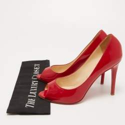 Pre Owned Christian Louboutin Red Patent Leather Flo Peep Toe Pumps Size 38