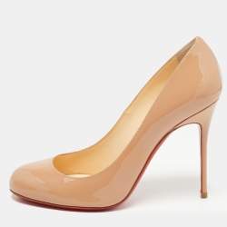 Pre Owned Christian Louboutin Beige Patent Leather Simple Round Toe Pumps Size 37.5