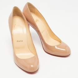 Pre Owned Christian Louboutin Beige Patent Leather Simple Round Toe Pumps Size 37.5