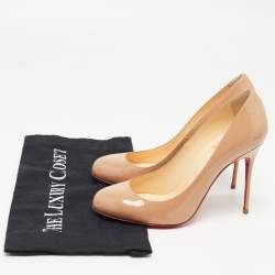 Pre Owned Christian Louboutin Beige Patent Leather Simple Round Toe Pumps Size 37.5