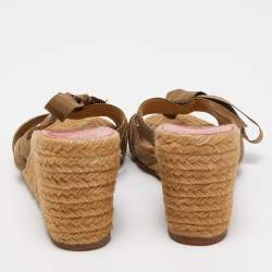 Pre Owned Christian Louboutin Green Canvas Delfin Espadrille Wedge Sandals Size 37