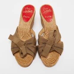 Pre Owned Christian Louboutin Green Canvas Delfin Espadrille Wedge Sandals Size 37