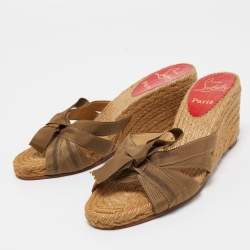 Pre Owned Christian Louboutin Green Canvas Delfin Espadrille Wedge Sandals Size 37
