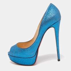 Pre Owned Christian Louboutin Blue Glitter Lady Peep Toe Platform Pumps Size 38