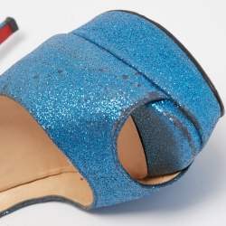 Pre Owned Christian Louboutin Blue Glitter Lady Peep Toe Platform Pumps Size 38