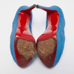Pre Owned Christian Louboutin Blue Glitter Lady Peep Toe Platform Pumps Size 38