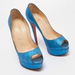 Pre Owned Christian Louboutin Blue Glitter Lady Peep Toe Platform Pumps Size 38
