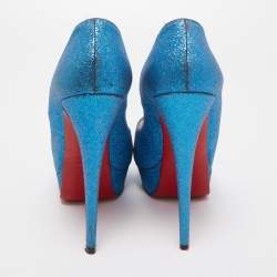 Pre Owned Christian Louboutin Blue Glitter Lady Peep Toe Platform Pumps Size 38