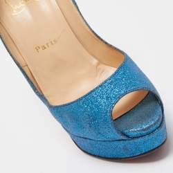 Pre Owned Christian Louboutin Blue Glitter Lady Peep Toe Platform Pumps Size 38