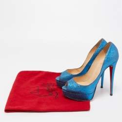 Pre Owned Christian Louboutin Blue Glitter Lady Peep Toe Platform Pumps Size 38