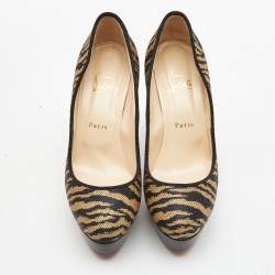 Pre Owned Christian Louboutin Beige/Black Raffia Bianca Pumps Size 38.5