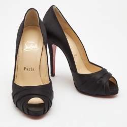 Pre Owned Christian Louboutin Black Satin Matrinana Peep Toe Pumps Size 35.5