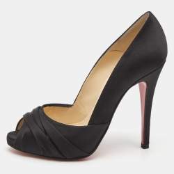Pre Owned Christian Louboutin Black Satin Matrinana Peep Toe Pumps Size 35.5