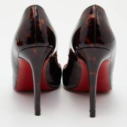 Pre Owned Christian Louboutin Brown Leopard Print Patent Leather Simple Round Toe Pumps Size 39