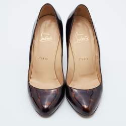 Pre Owned Christian Louboutin Brown Leopard Print Patent Leather Simple Round Toe Pumps Size 39