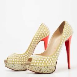 Christian Louboutin Yellow Suede Lady Peep Spikes Pumps Size 37.5