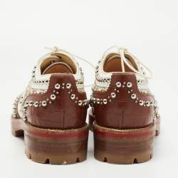 Pre Owned Christian Louboutin Brown/White Croc Embossed and Leather Cappadonna Oxfords Size 36
