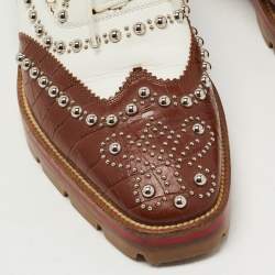 Pre Owned Christian Louboutin Brown/White Croc Embossed and Leather Cappadonna Oxfords Size 36
