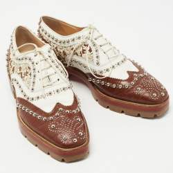 Pre Owned Christian Louboutin Brown/White Croc Embossed and Leather Cappadonna Oxfords Size 36