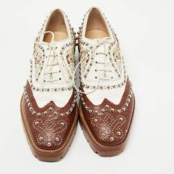 Pre Owned Christian Louboutin Brown/White Croc Embossed and Leather Cappadonna Oxfords Size 36