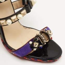 Pre Owned Christian Louboutin Black/Purple Leather and Suede Studded Ankle Tie Sandals Size 40