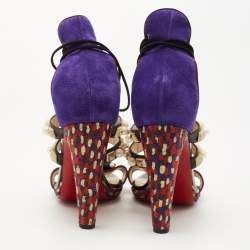 Pre Owned Christian Louboutin Black/Purple Leather and Suede Studded Ankle Tie Sandals Size 40