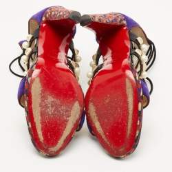 Pre Owned Christian Louboutin Black/Purple Leather and Suede Studded Ankle Tie Sandals Size 40