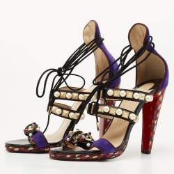 Pre Owned Christian Louboutin Black/Purple Leather and Suede Studded Ankle Tie Sandals Size 40