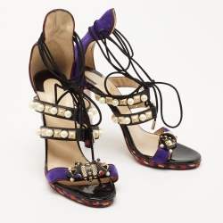 Pre Owned Christian Louboutin Black/Purple Leather and Suede Studded Ankle Tie Sandals Size 40
