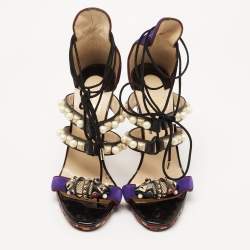 Pre Owned Christian Louboutin Black/Purple Leather and Suede Studded Ankle Tie Sandals Size 40